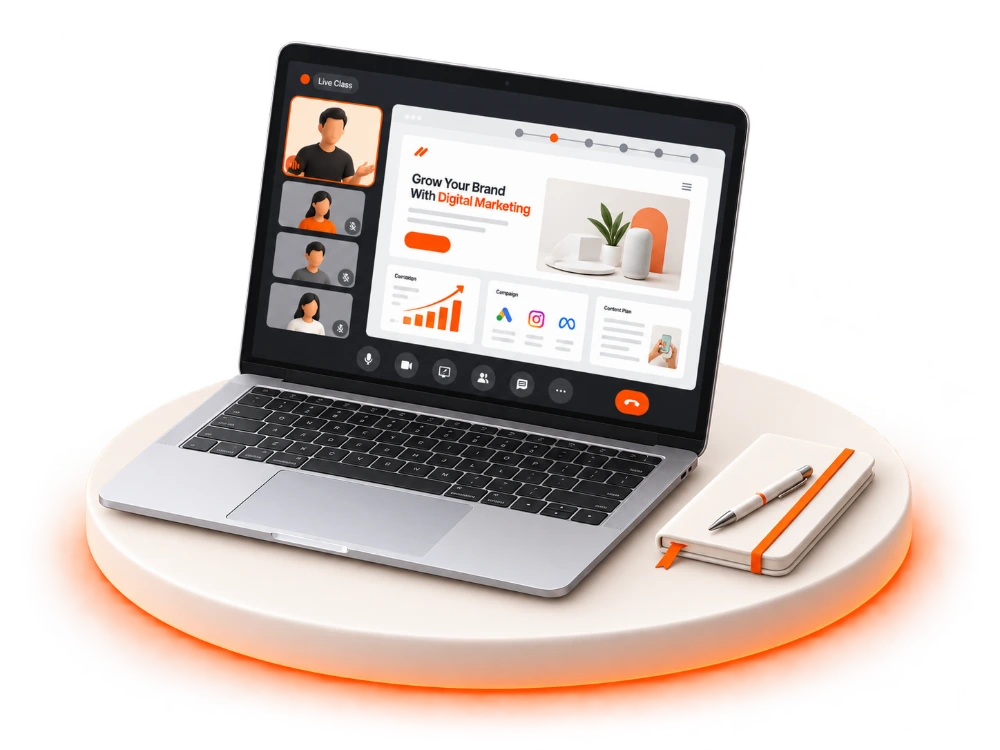A laptop on a plinth showing a live class in progress: the instructor on camera, four students in the sidebar, and a digital marketing lesson on screen with campaign and content panels.