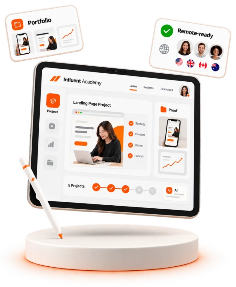 A tablet showing the Influent Academy learning interface with a landing page project, a five-project progress track and a proof panel, alongside cards for a portfolio and remote-ready international teams.