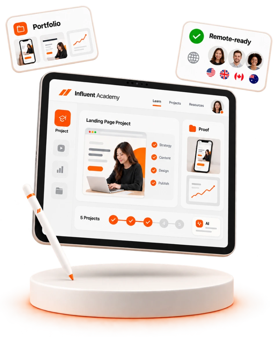 A tablet showing the Influent Academy learning interface with a landing page project, a five-project progress track and a proof panel, alongside cards for a portfolio and remote-ready international teams.