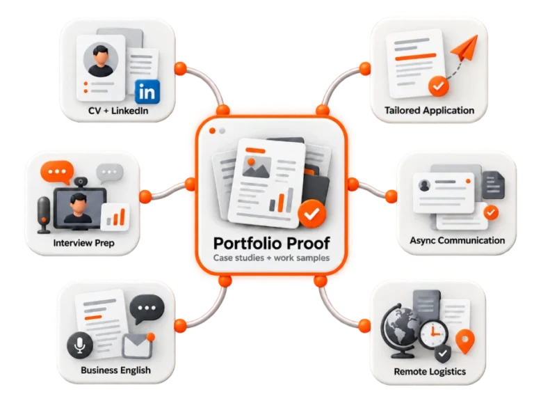 A portfolio of proof at the centre, surrounded by the six things that carry it into a hiring process: CV and LinkedIn, a tailored application, interview preparation, async communication, business English and remote logistics.