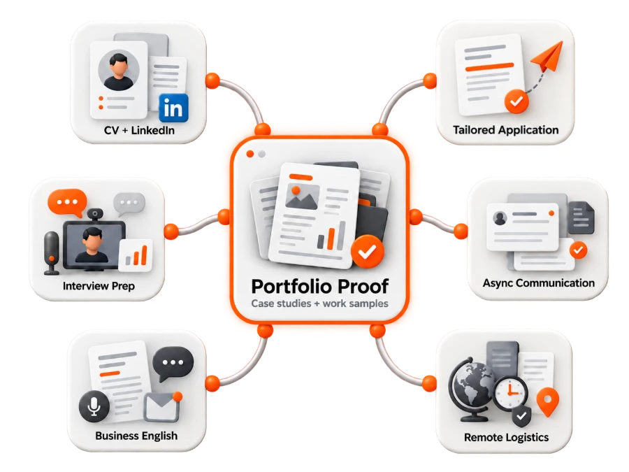 A portfolio of proof at the centre, surrounded by the six things that carry it into a hiring process: CV and LinkedIn, a tailored application, interview preparation, async communication, business English and remote logistics.